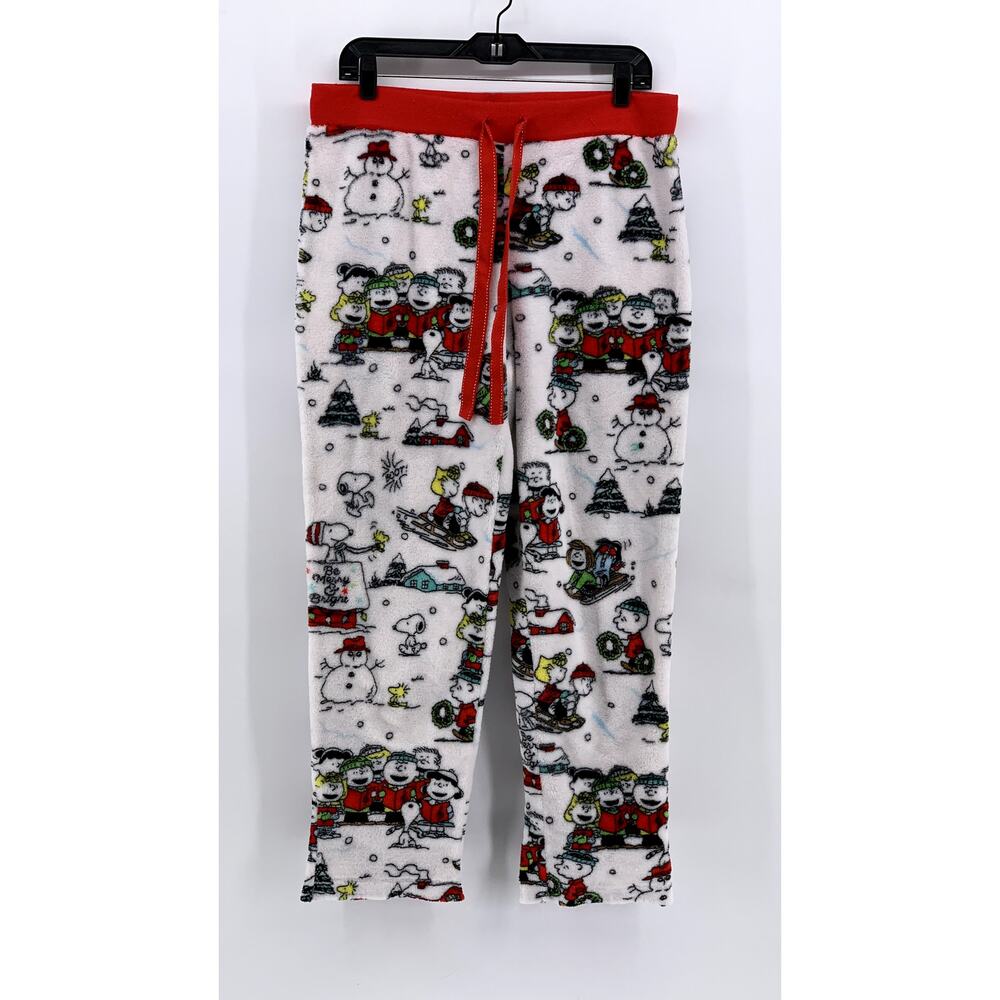PEANUTS Women's White-Red Snoopy Christmas Printed Pajama Pants SZ L